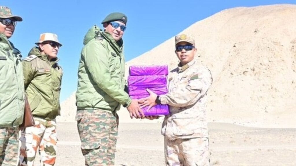 Indian and Chinese troops exchanging sweets on Diwali at the Line of Actual Control (LAC).