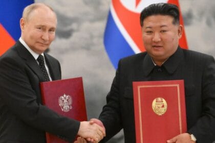 Russian President Vladimir Putin meets with North Korean leader Kim Jong-un after their discussions at the Kumsusan State Residence in Pyongyang, June 19, 2024.