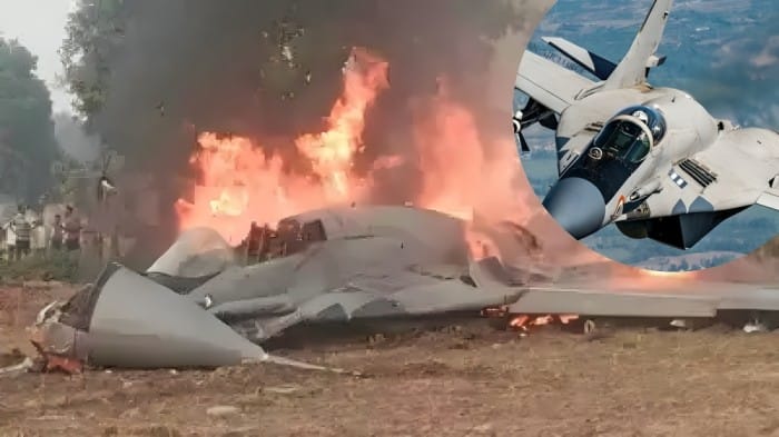 The aircraft was engulfed in flames, blazing intensely in an open field near Agra, sending thick smoke into the sky.