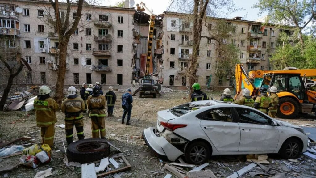 A residential building in Luhansk, located in Russian-controlled Ukraine, reportedly damaged in June by U.S.-supplied ATACMS missiles, as stated by the Russian Defense Ministry. Biden's recent approval permits Ukraine to target locations within Russia.