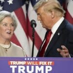 Republican presidential nominee and former U.S. President Donald Trump commends his senior campaign advisor, Susie Wiles, at an election night event held on November 6, 2024, at the Palm Beach Convention Center in West Palm Beach, Florida.